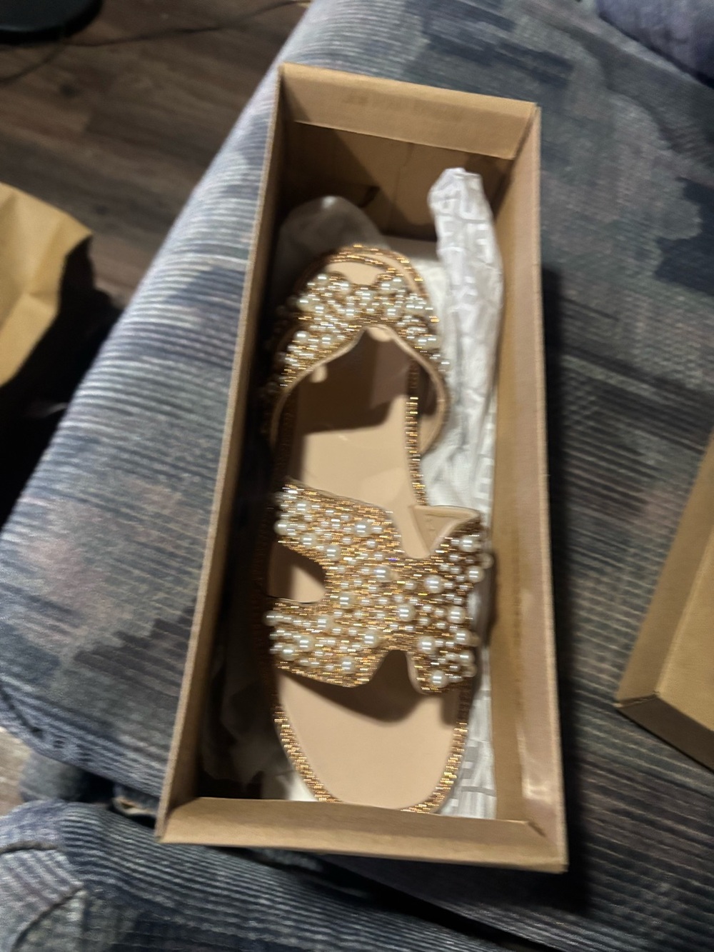Steve Madden Gold Pearl Embellished Flat Sandals